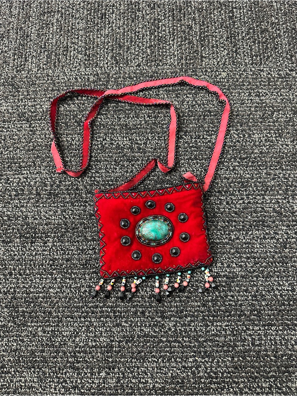 Beaded Red Velvet Crossbody Bag with Turquoise Accent